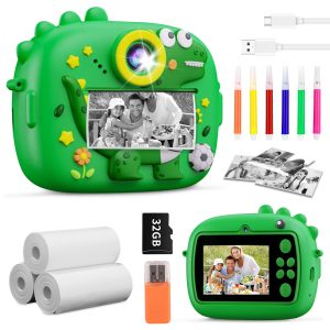 Children's Instant Dinosaur Photo Camera, 2.4 Inches Children's Photo Camera with 32G Card and Printing Paper, 1080P Instant Camera for Children 3 to 12 Years Old Gifts Toy