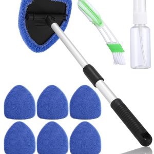 Car Windscreen Cleaner with 6 Microfibre Pads and Spray Bottles, Car Window Wiper Kit, Car Window Interior Cleaner with Extendable Handle, 180 Degree Rotation, Blue