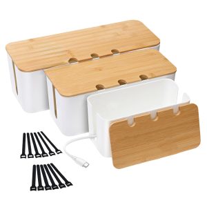 Pack of 3 cable boxes, cable management box, storage box for cables with bamboo lid, storage box made of wire for hiding cables, organise computer cabling
